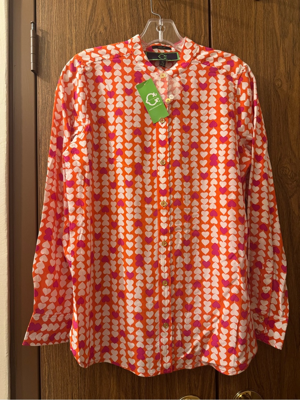 NWT C. Wonder Heartstrings Silk Blouse Pink Orange Hearts Small As Seen on TV